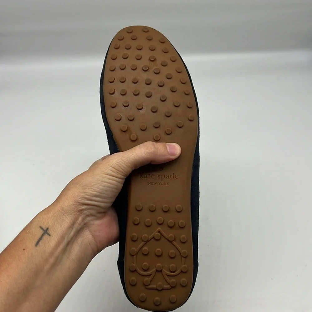 Kate Spade - Carmen Navy Suede Gold Logo Round Toe Driving Loafer Size 8